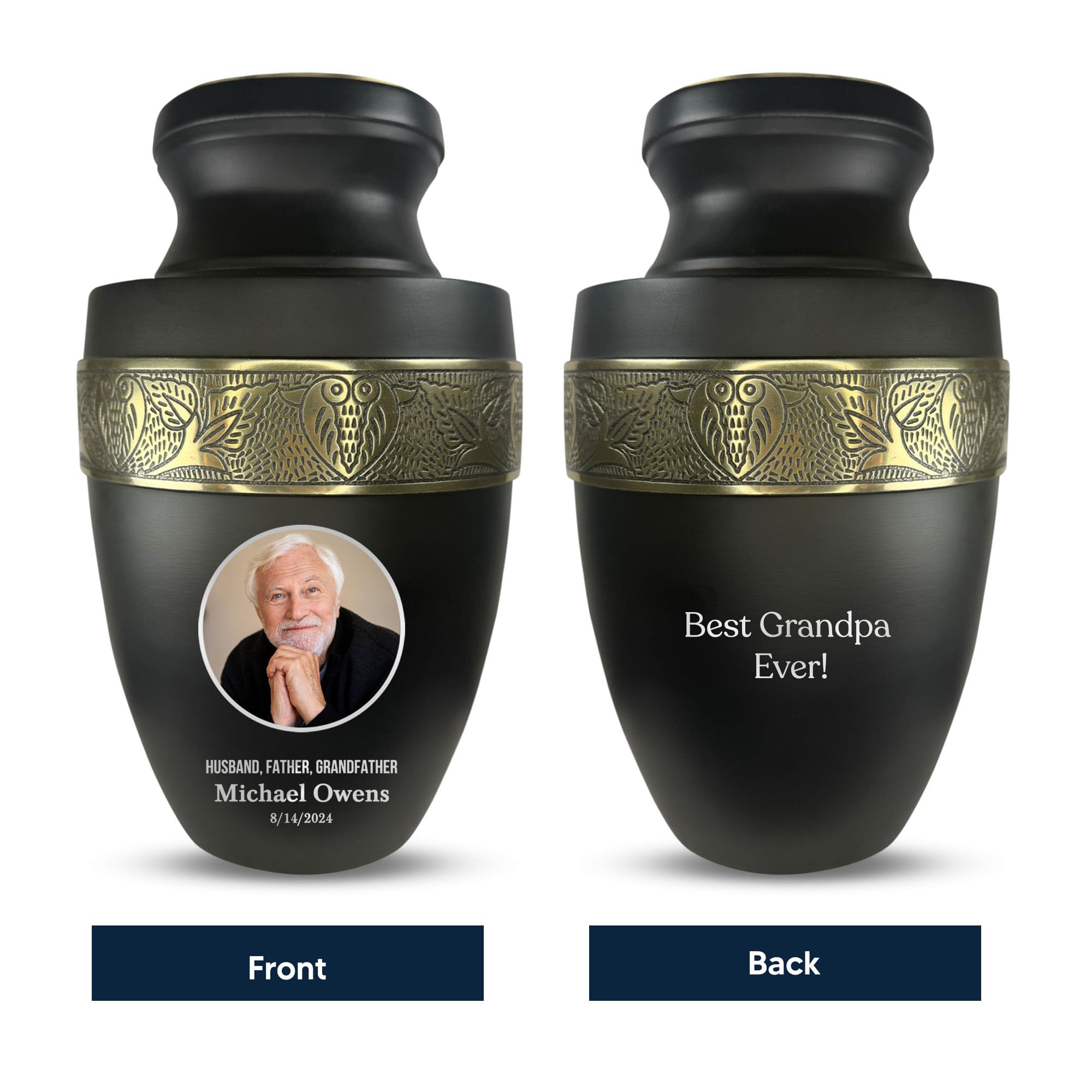 Elite Human Cremation Urn - 200 Cubic Inch - Aluminum with Gold Inlay | Custom Photo