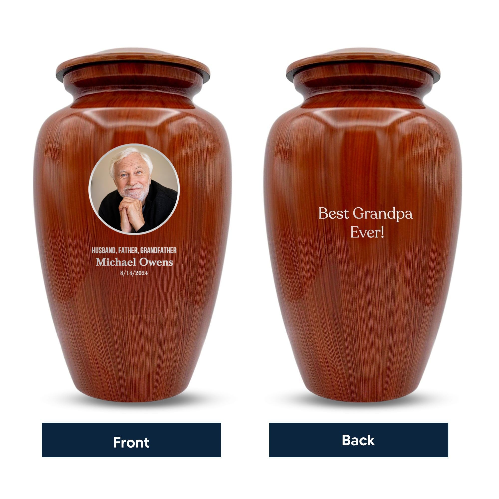 Human Cremation Urn - 200 Cubic Inch - Ingrained Wood Style Finish | Custom Photo