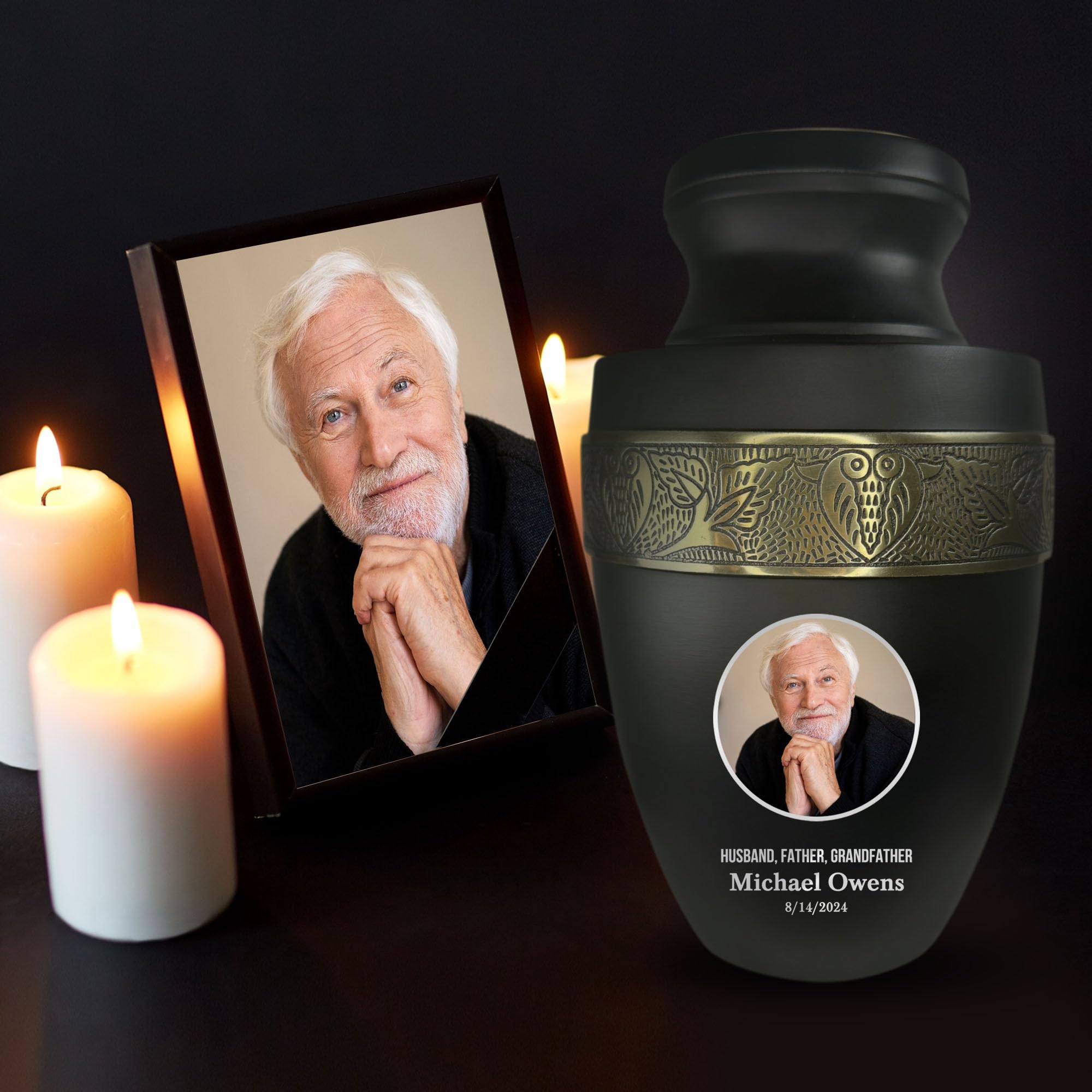 Elite Human Cremation Urn - 200 Cubic Inch - Aluminum with Gold Inlay | Custom Photo
