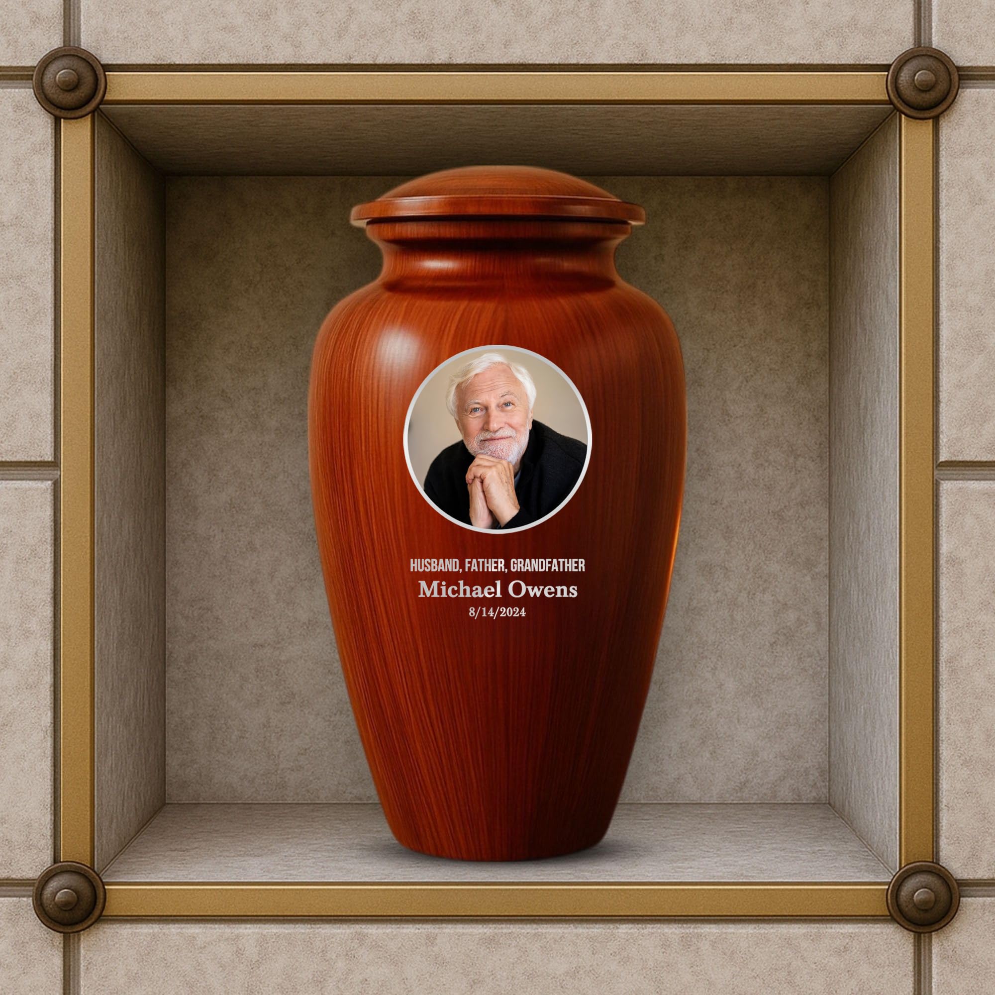 Human Cremation Urn - 200 Cubic Inch - Ingrained Wood Style Finish | Custom Photo