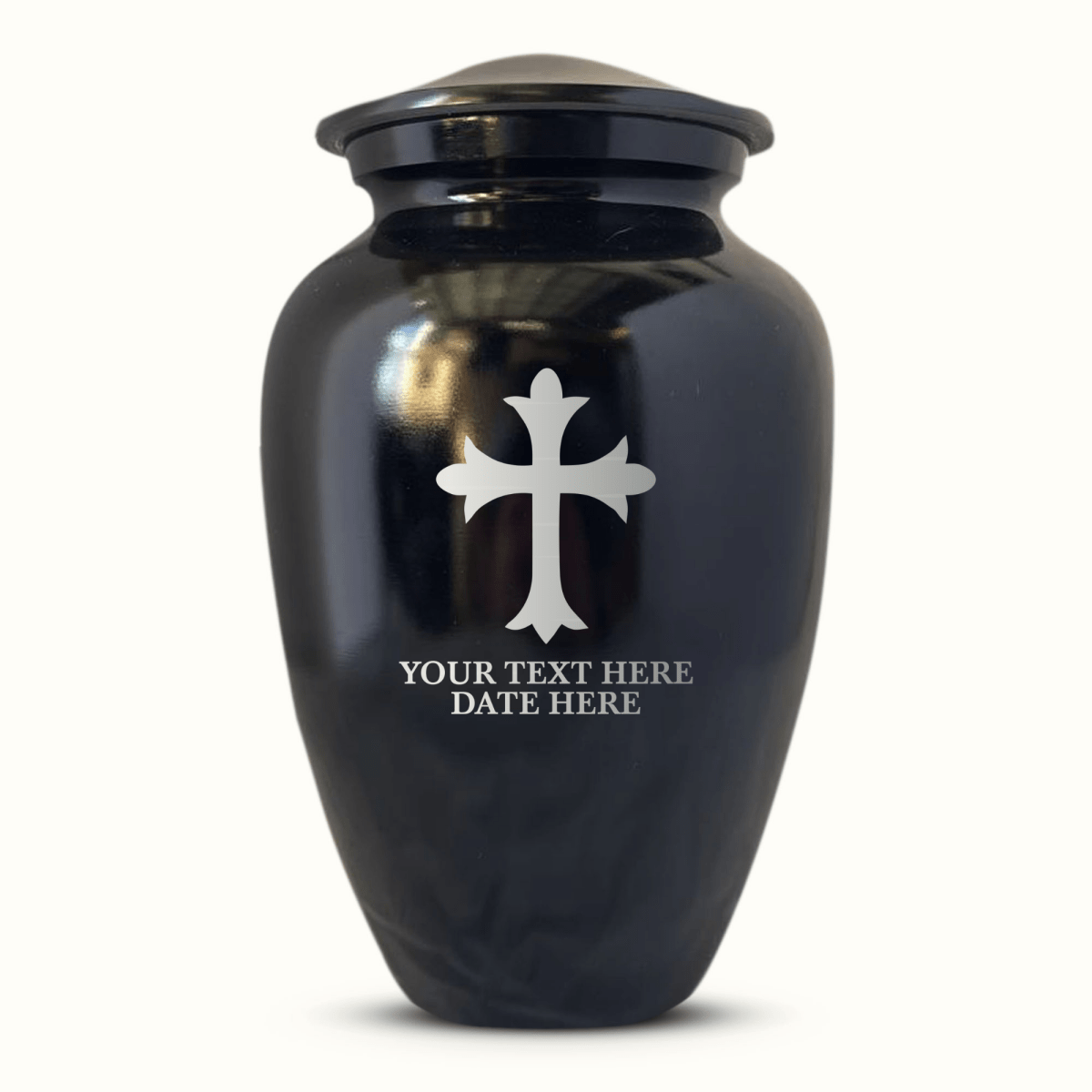 Custom Aluminum Human Urn -Memorial Cross Design - Black Polished Finish - 200 Cubic Inch
