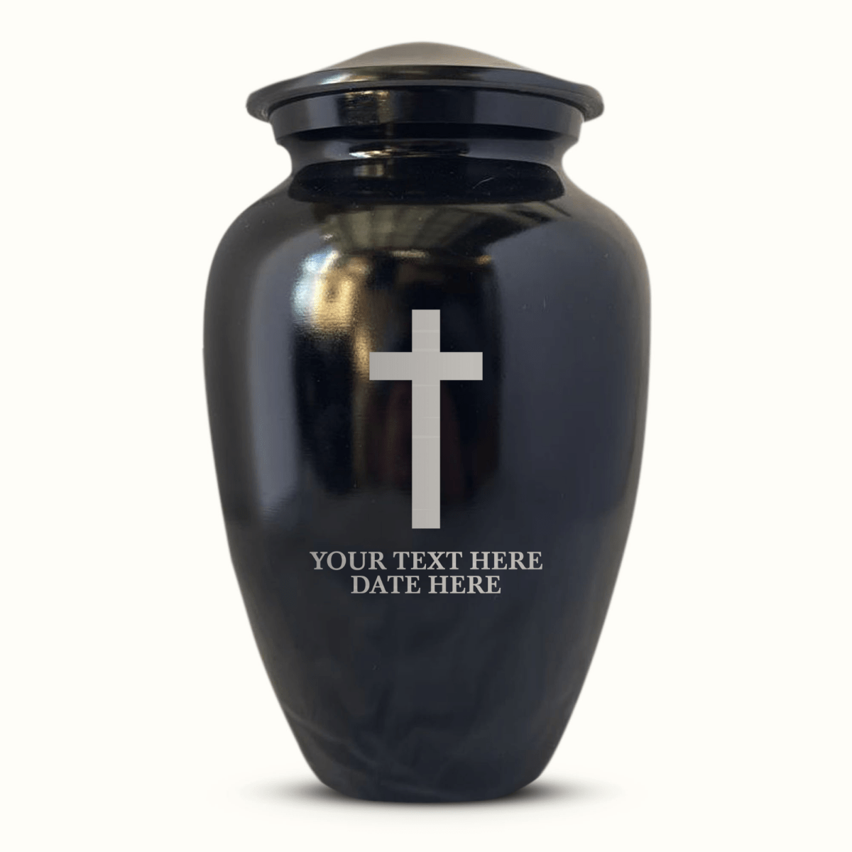 Polished Black Aluminum Human Cremation Urn – 200 Cubic Inch | Cross Design Collection 1