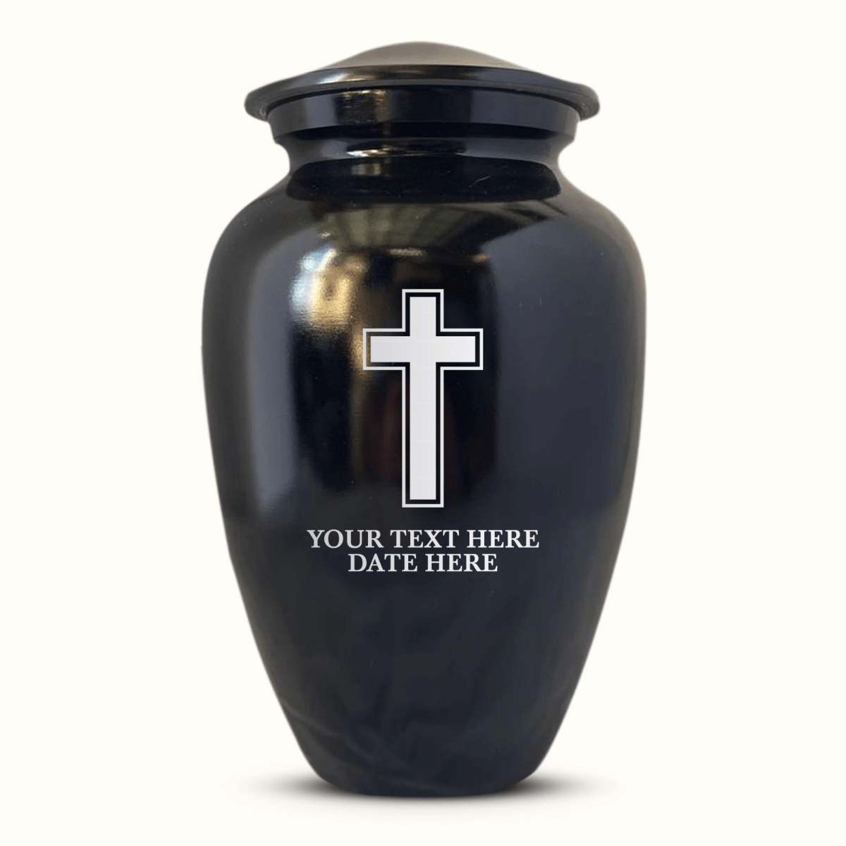 Polished Black Aluminum Human Cremation Urn – 200 Cubic Inch | Cross Design Collection 1