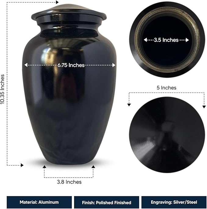 Polished Black Aluminum Human Cremation Urn – 200 Cubic Inch | Headstone Memorial