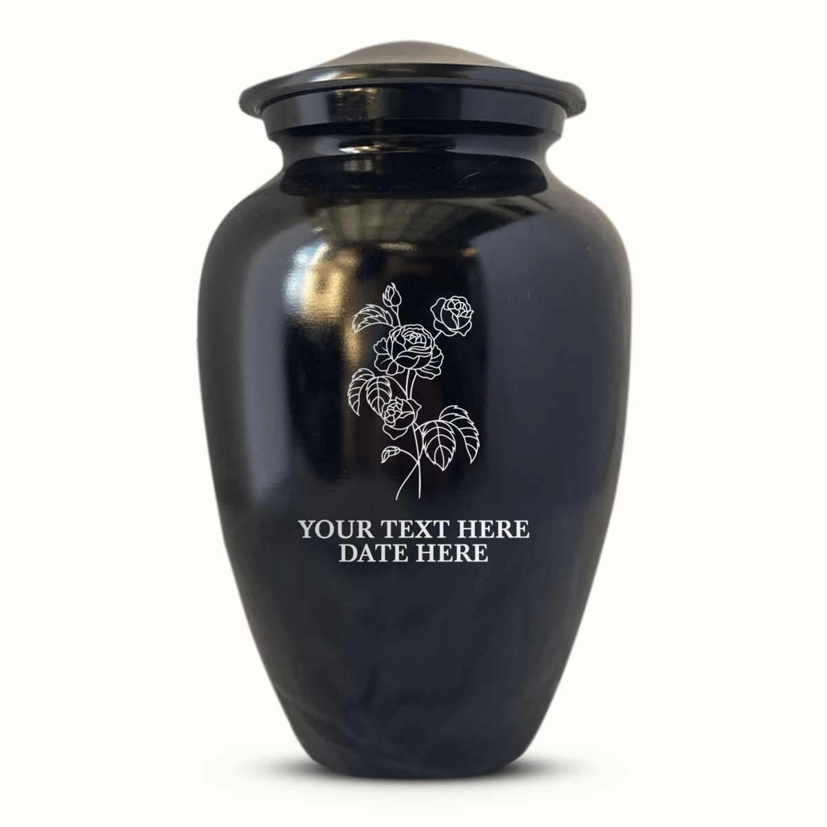 Custom Aluminum Human Urn -Memorial Floral Design - Black Polished Finish - 200 Cubic Inch