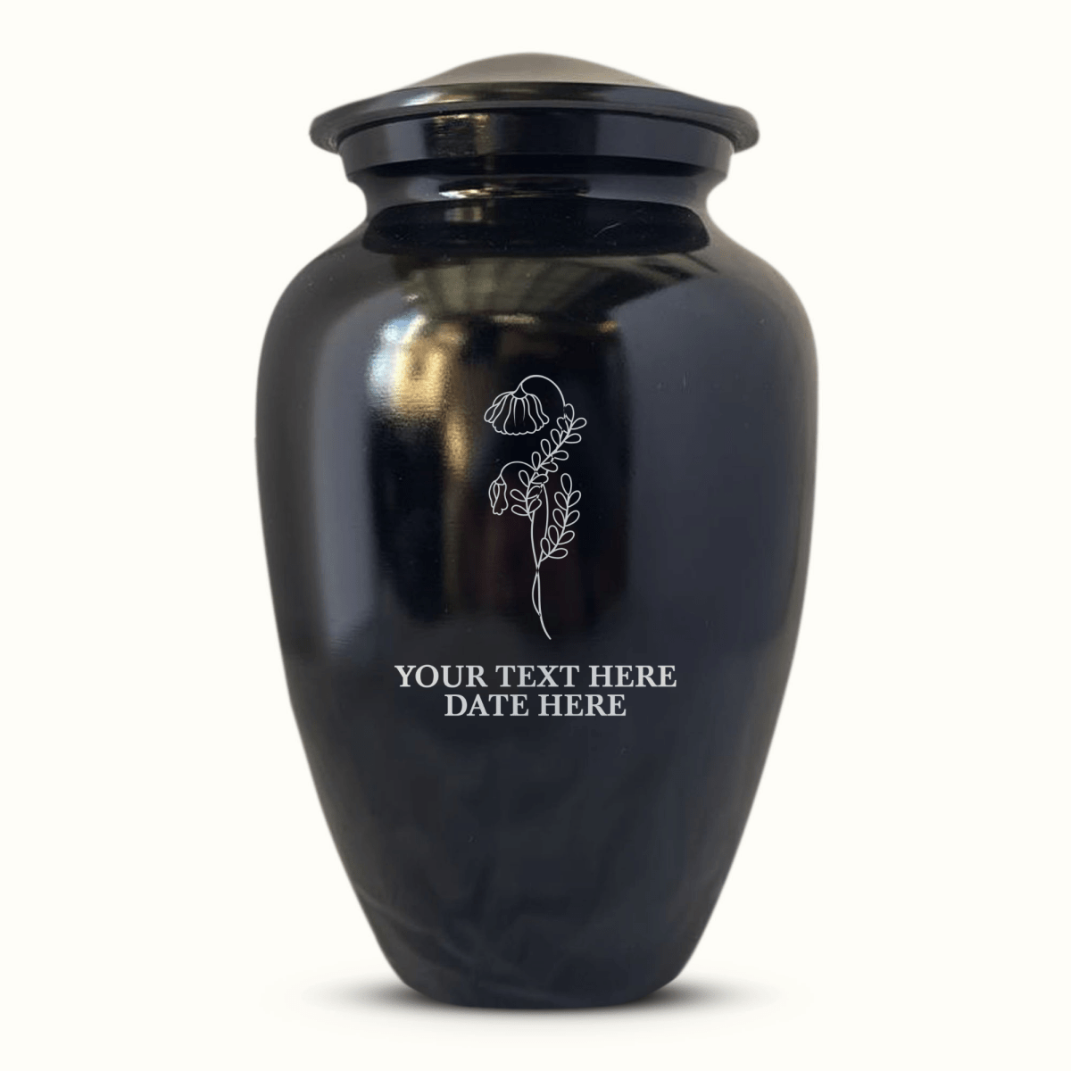 Custom Aluminum Human Urn -Memorial Floral Design - Black Polished Finish - 200 Cubic Inch