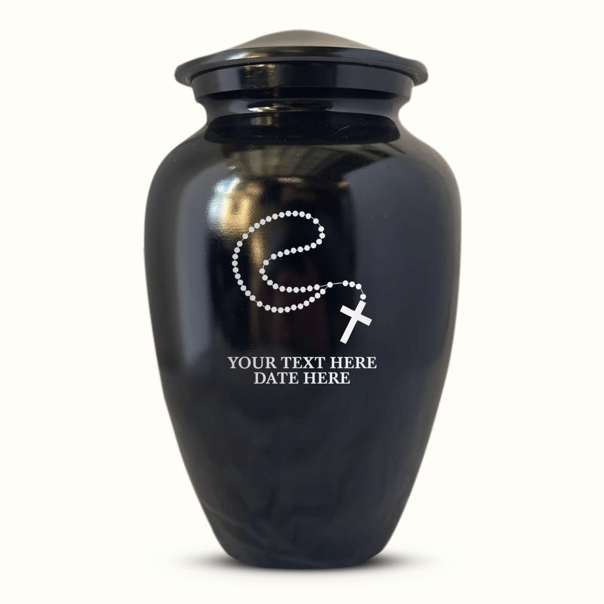 Custom Aluminum Human Urn -Rosary Illustration Design - Black Polished Finish - 200 Cubic Inch