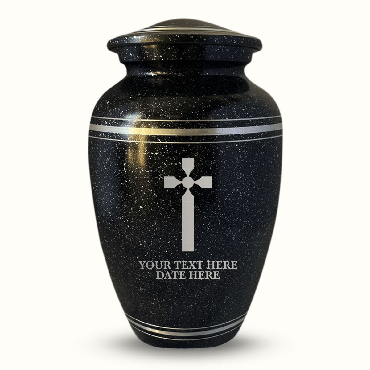 Custom Aluminum Urn - Memorial Cross Design - Distressed Black Polished Finish with Silver Rim - 200 Cubic Inch