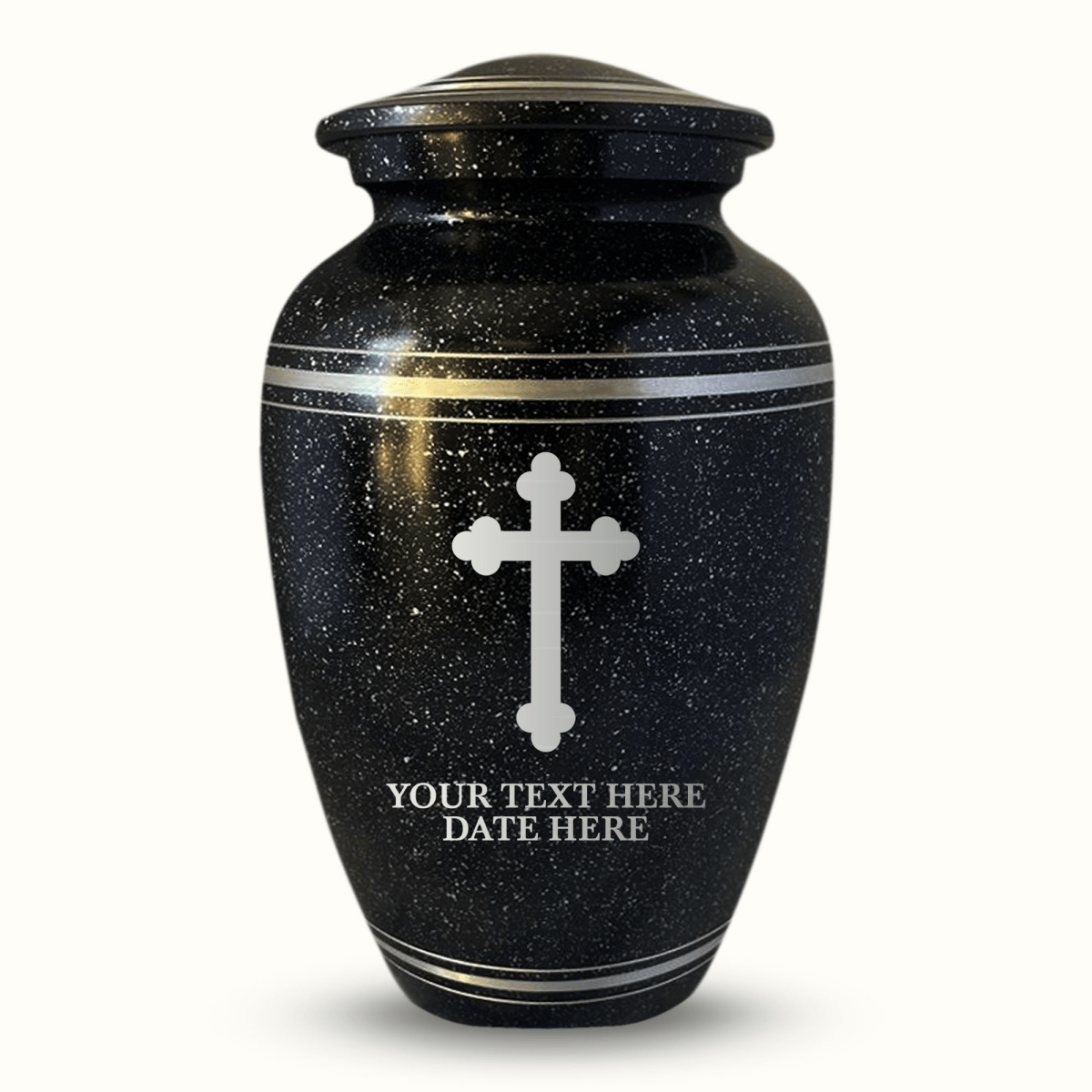 Custom Aluminum Urn - Memorial Cross Design - Distressed Black Polished Finish with Silver Rim - 200 Cubic Inch