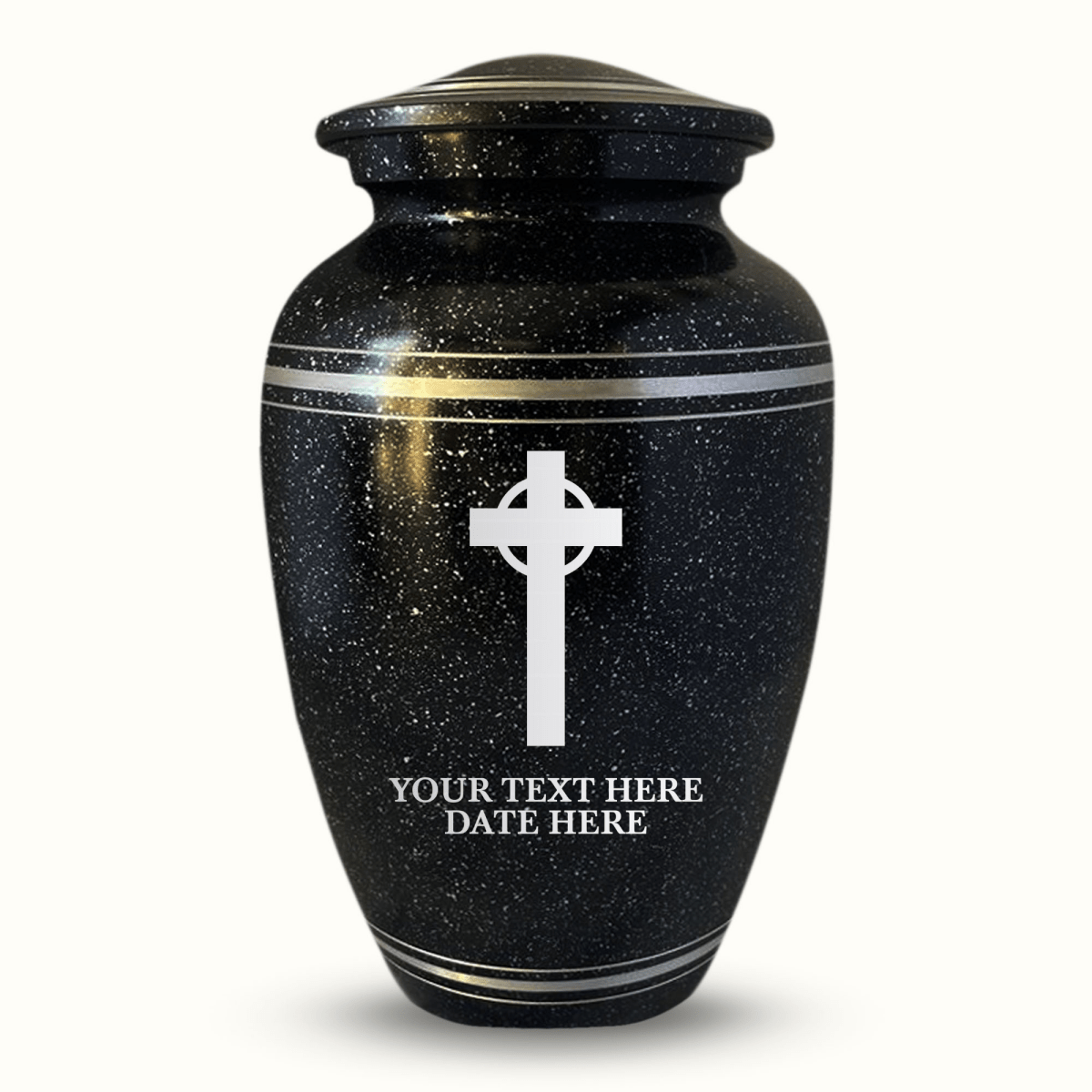 Custom Aluminum Urn - Memorial Cross Design - Distressed Black Polished Finish with Silver Rim - 200 Cubic Inch