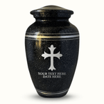 Personalized Custom Human Cremation Urn for Adult Ashes Men & Women - Engraved Aluminum urn with Name, Date and Memorial Cross 6 Design Black with Silver Rim - Inscrybed Memory