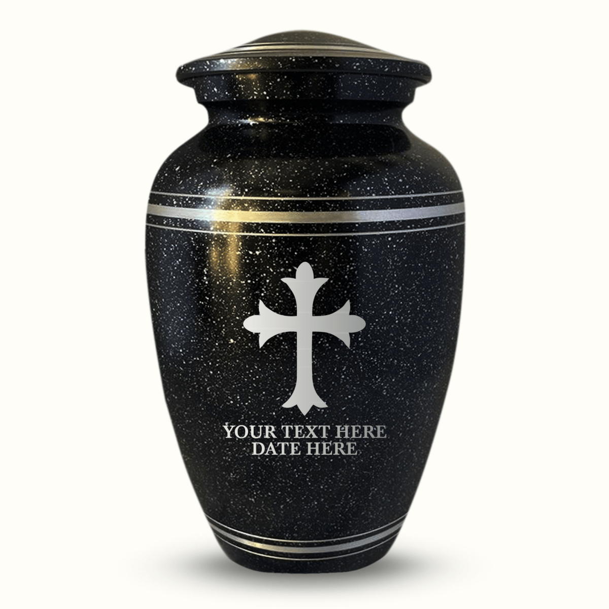 Custom Aluminum Urn - Memorial Cross Design - Distressed Black Polished Finish with Silver Rim - 200 Cubic Inch