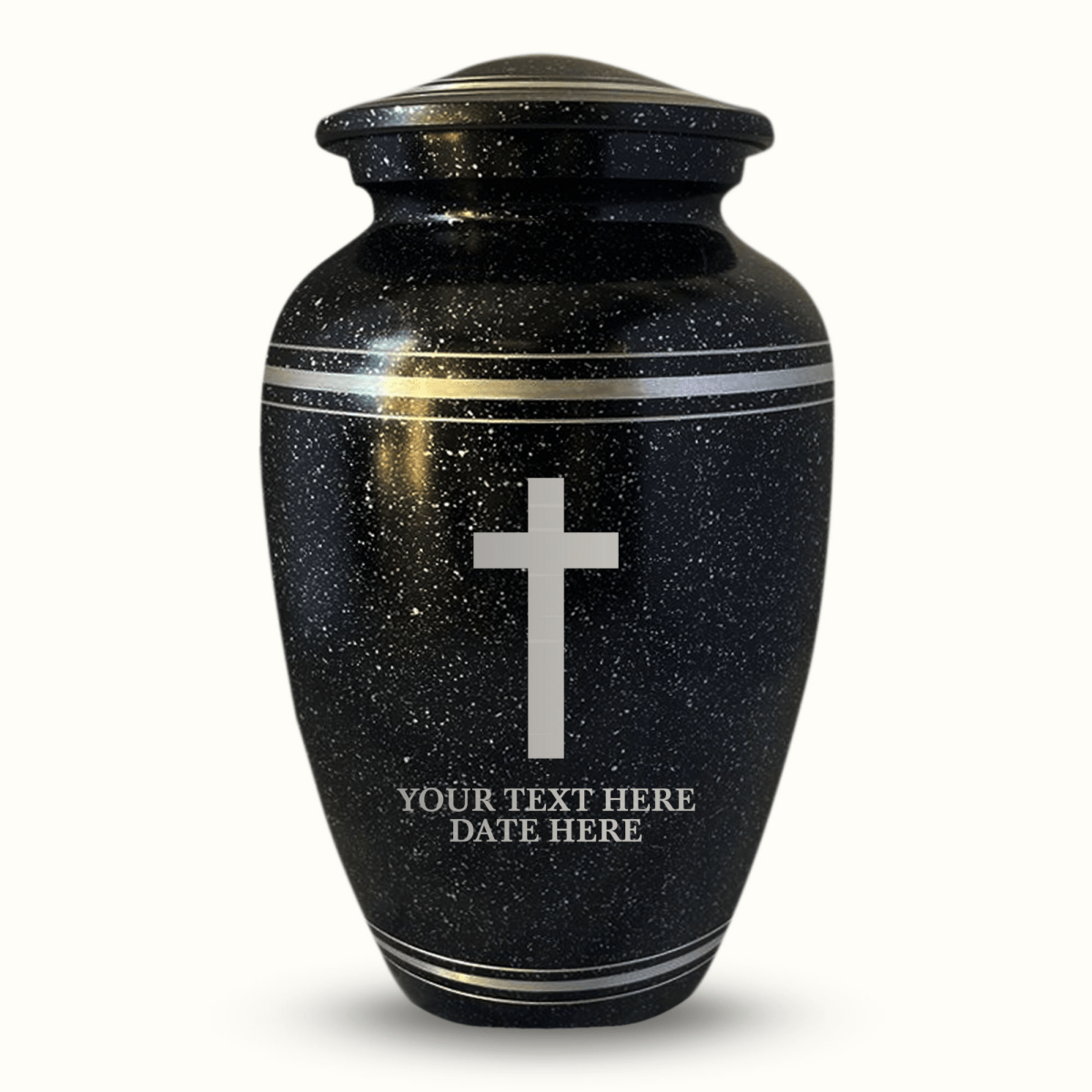 Spotted Black Aluminum with Silver Rim Human Cremation Urn – 200 Cubic Inch | Cross Design Collection 1