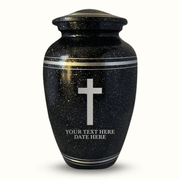 Custom Aluminum Urn - Memorial Cross Design - Distressed Black Polished Finish with Silver Rim - 200 Cubic Inch