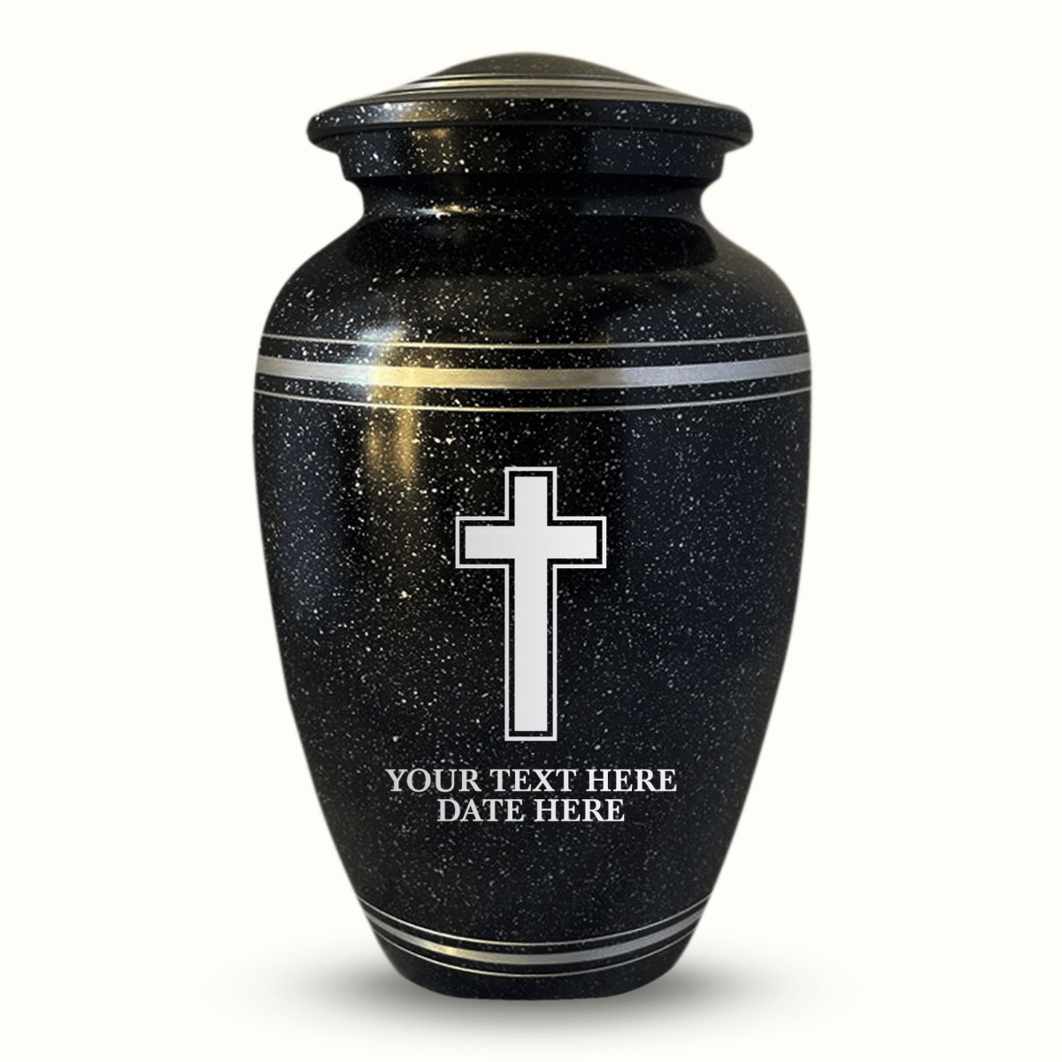 Custom Aluminum Urn - Memorial Cross Design - Distressed Black Polished Finish with Silver Rim - 200 Cubic Inch