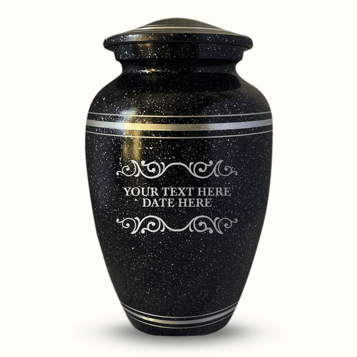 Personalized Custom Human Cremation Urn for Adult Ashes Men & Women - Engraved Aluminum urn with Name, Date and Memorial Decorative Swirl 5 Design Black with Silver Rim - Inscrybed Memory