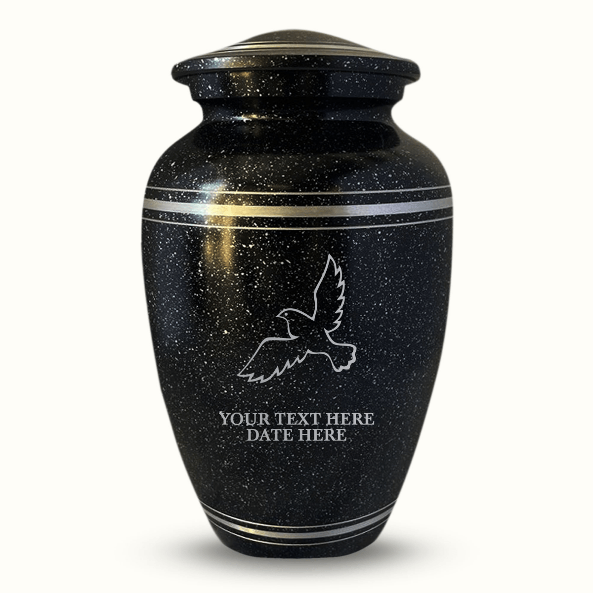 Custom Aluminum Urn - Memorial Dove Design - Distressed Black Polished Finish with Silver Rim - 200 Cubic Inch