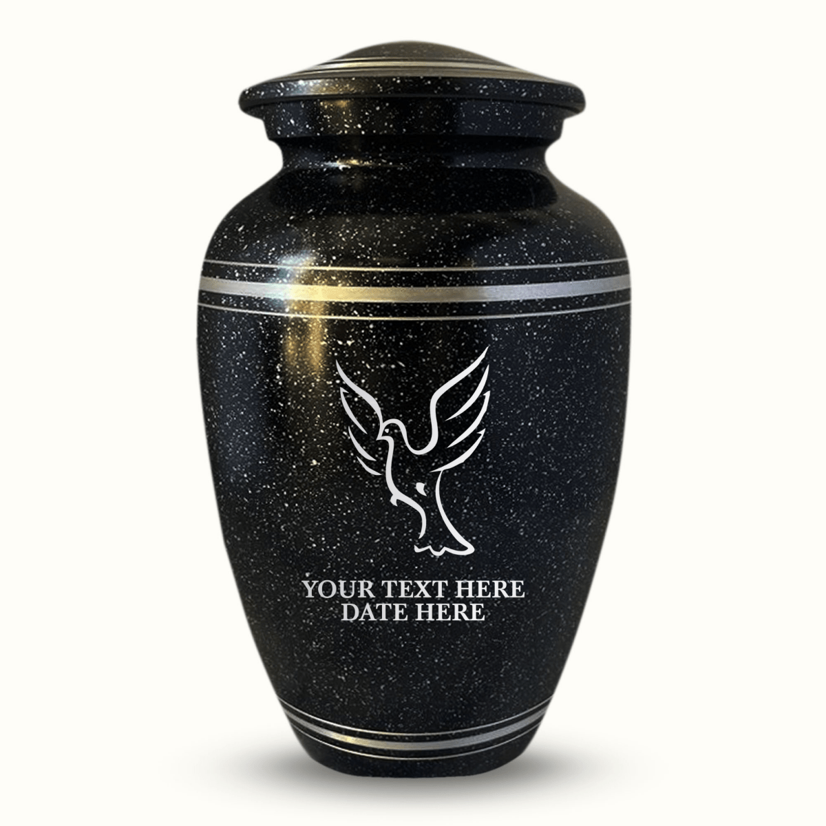 Custom Aluminum Urn - Memorial Dove Design - Distressed Black Polished Finish with Silver Rim - 200 Cubic Inch