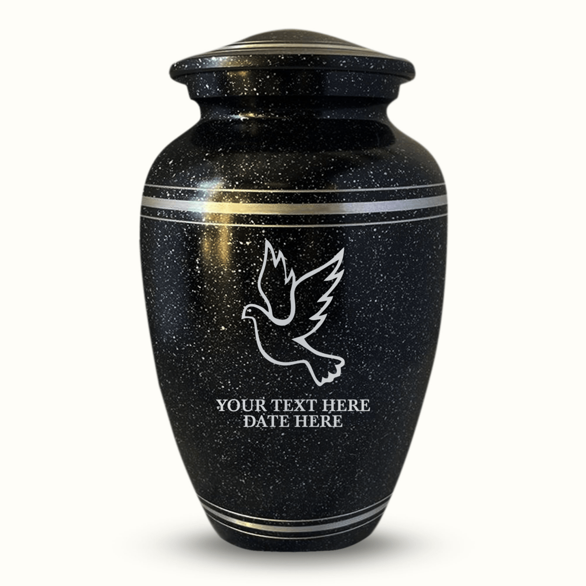 Custom Aluminum Urn - Memorial Dove Design - Distressed Black Polished Finish with Silver Rim - 200 Cubic Inch