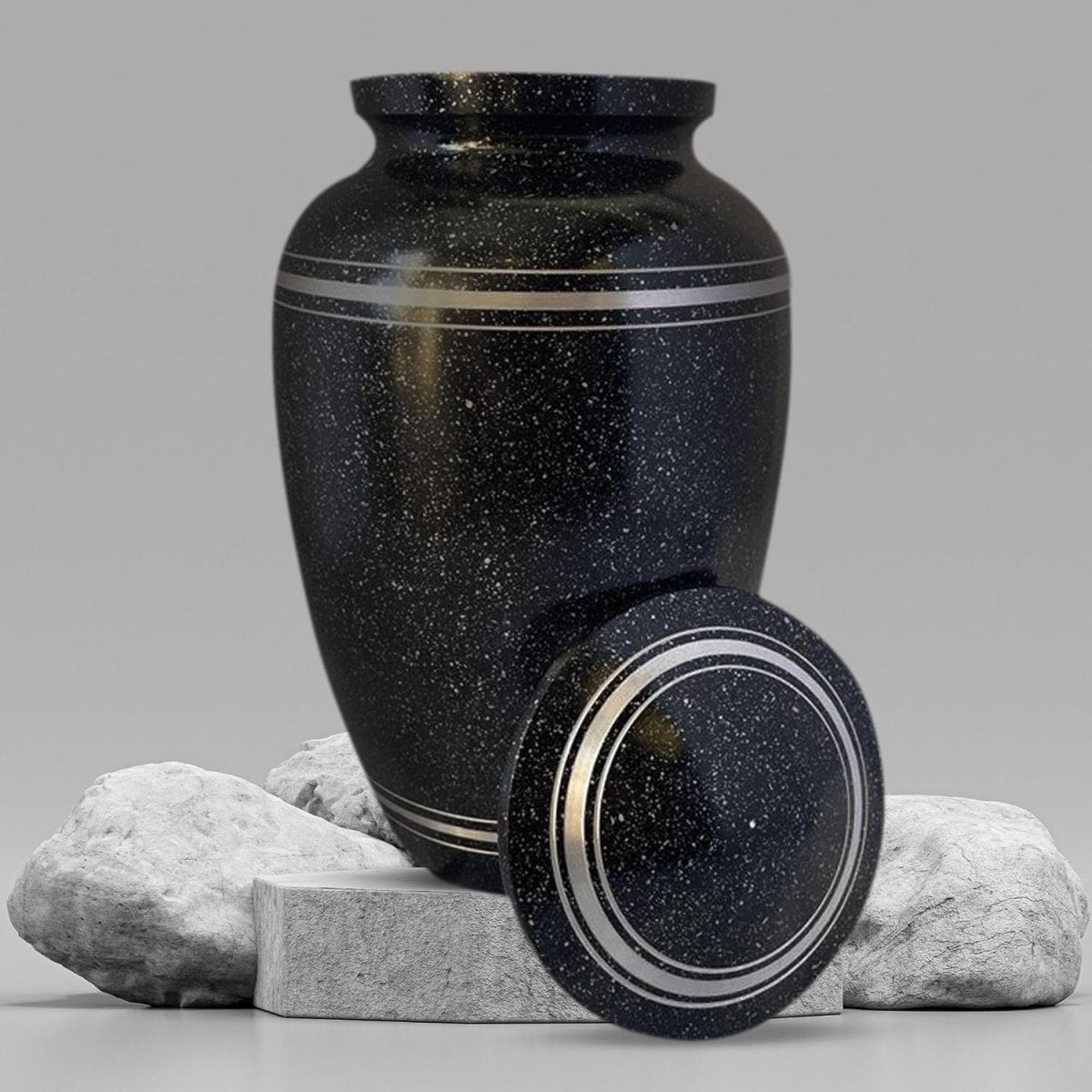 Spotted Black Aluminum with Silver Rim Human Cremation Urn – 200 Cubic Inch | Memorial Swirl Design