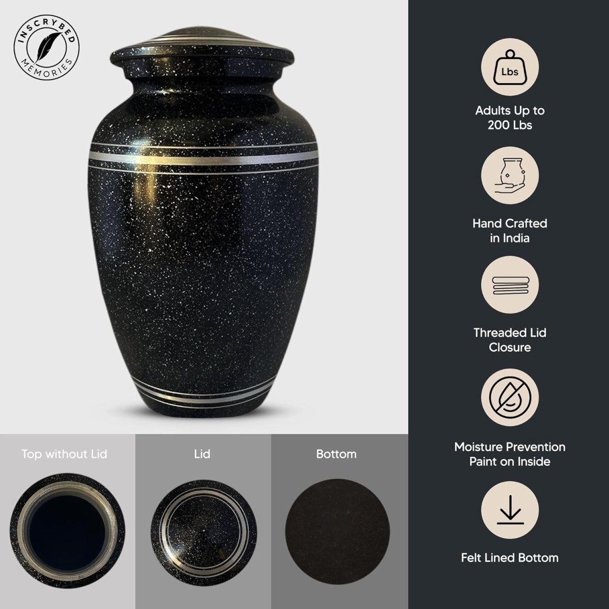 Spotted Black Aluminum with Silver Rim Human Cremation Urn – 200 Cubic Inch | Memorial Swirl Design