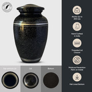 Custom Aluminum Human Urn - Memorial Swirl Design - Distressed Black Polished Finish with Silver Rim - 200 Cubic Inch