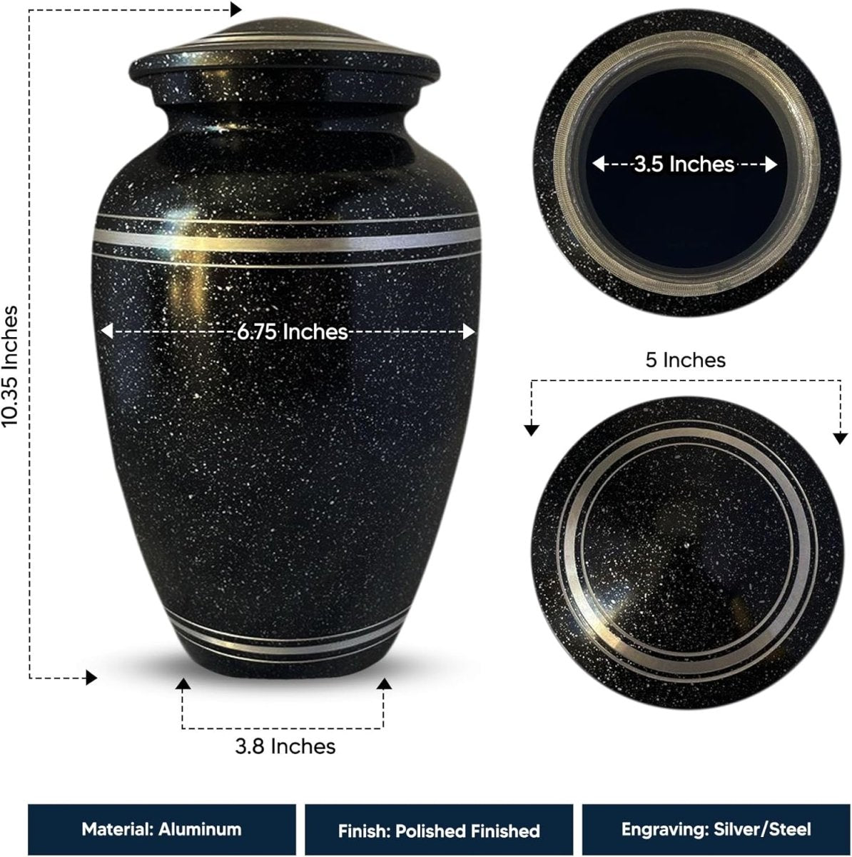 Spotted Black Aluminum with Silver Rim Human Cremation Urn – 200 Cubic Inch | Headstone Memorial