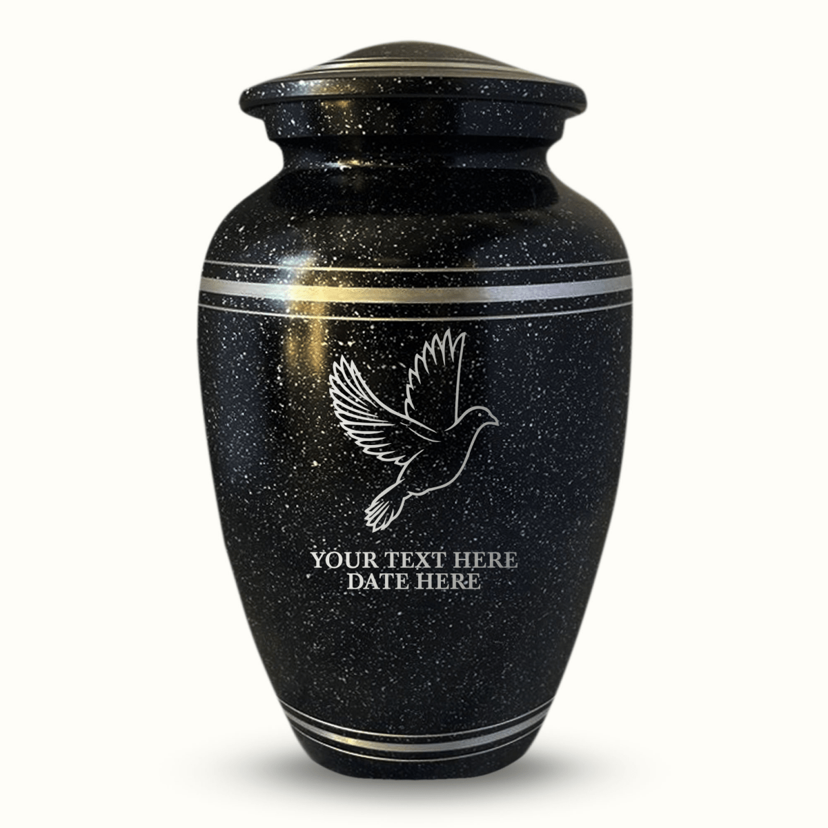 Custom Aluminum Urn - Memorial Dove Design - Distressed Black Polished Finish with Silver Rim - 200 Cubic Inch