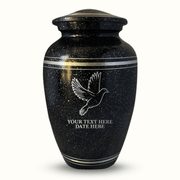 Custom Aluminum Urn - Memorial Dove Design - Distressed Black Polished Finish with Silver Rim - 200 Cubic Inch