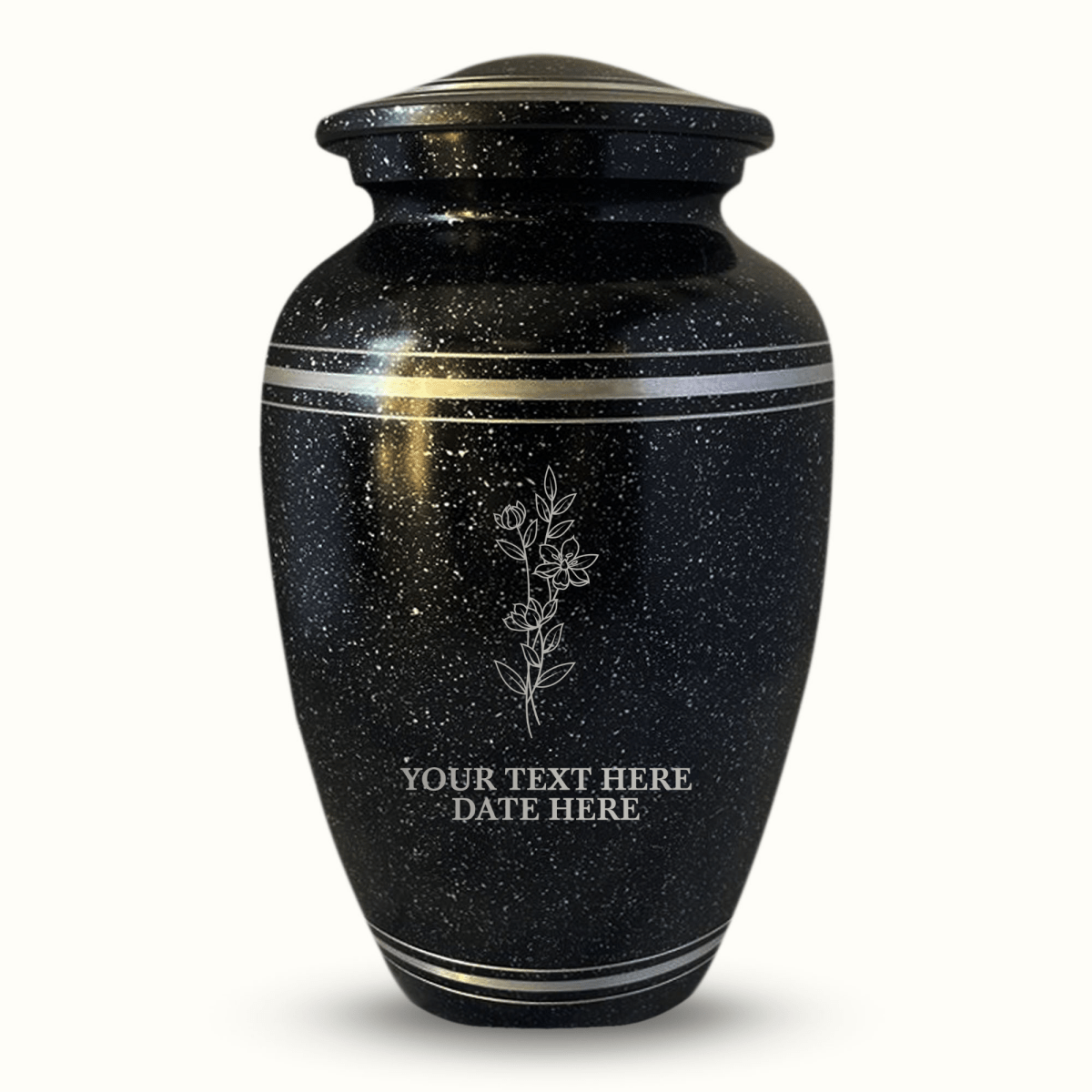 Personalized Custom Human Cremation Urn for Adult Ashes Men & Women - Engraved Aluminum urn with Name, Date and Memorial Floral 1 Design Black with Silver Rim - Inscrybed Memory