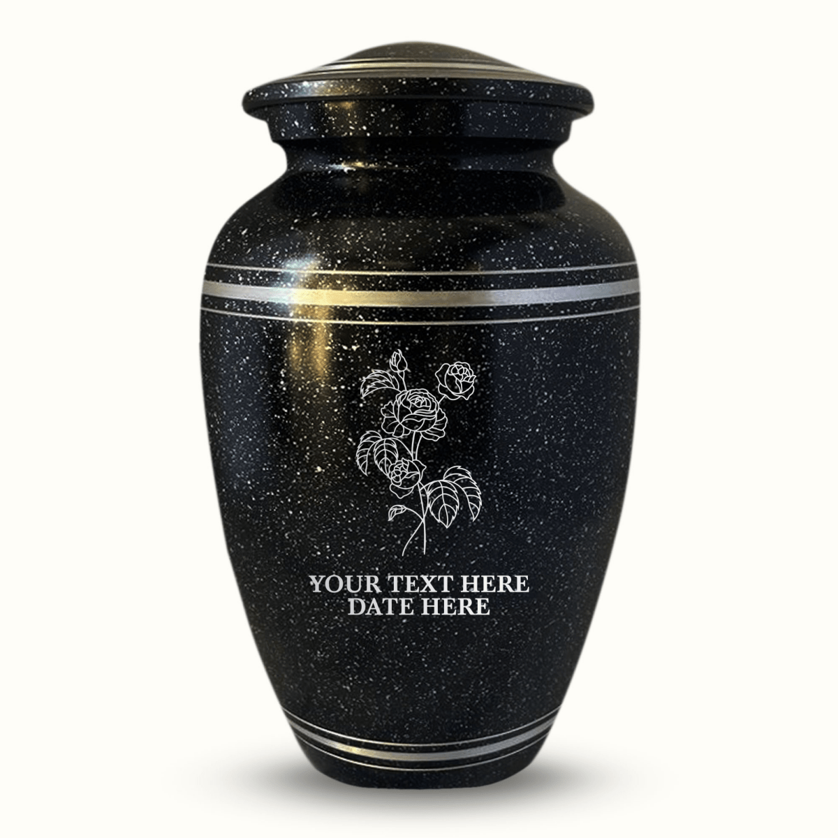Custom Aluminum Urn - Memorial Floral Design - Distressed Black Polished Finish with Silver Rim - 200 Cubic Inch