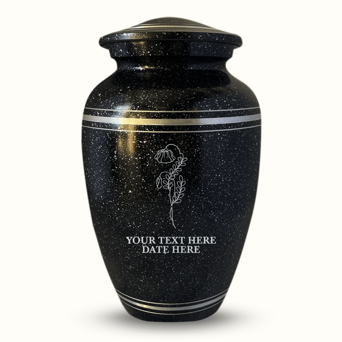 Custom Aluminum Urn - Memorial Floral Design - Distressed Black Polished Finish with Silver Rim - 200 Cubic Inch