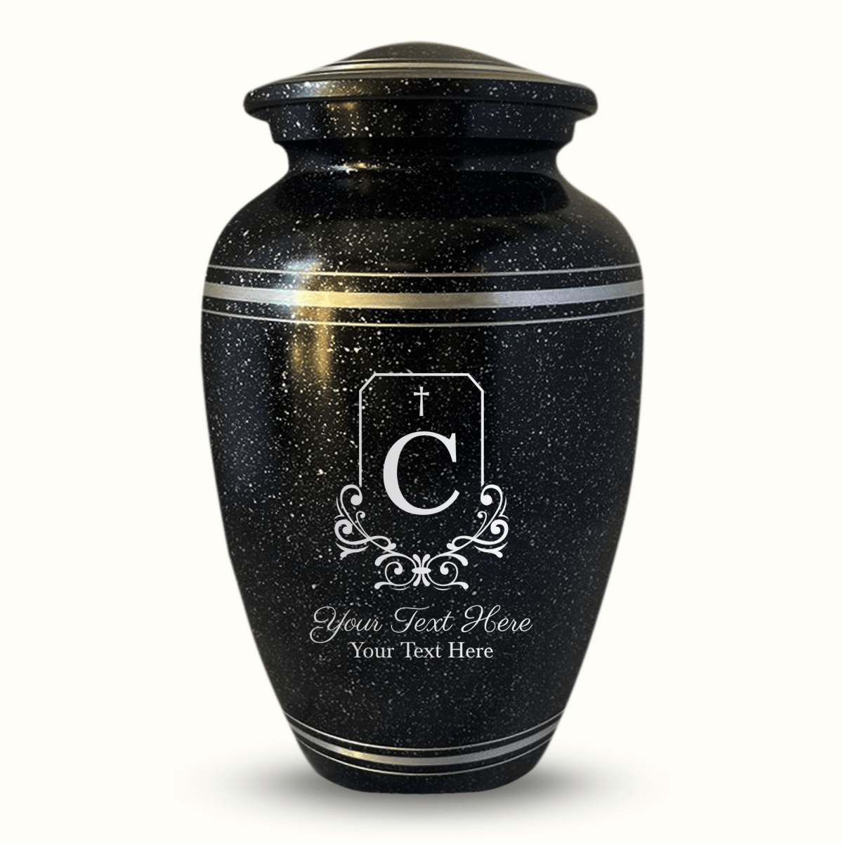 Custom Aluminum Urn - Memorial Headstone Shape Design - Distressed Black Polished Finish with Silver Rim - 200 Cubic Inch