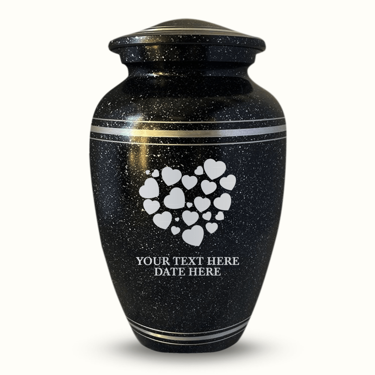 Personalized Custom Human Cremation Urn for Adult Ashes Men & Women - Engraved Aluminum urn with Name, Date and Memorial Heart Illustration Design Black with Silver Rim - Inscrybed Memory