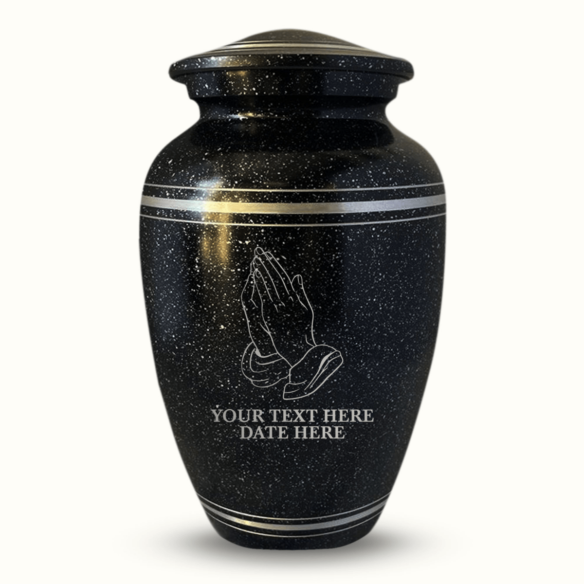 Personalized Custom Human Cremation Urn for Adult Ashes Men & Women - Engraved Aluminum urn with Name, Date and Memorial Praying Hand Design Black with Silver Rim - Inscrybed Memory