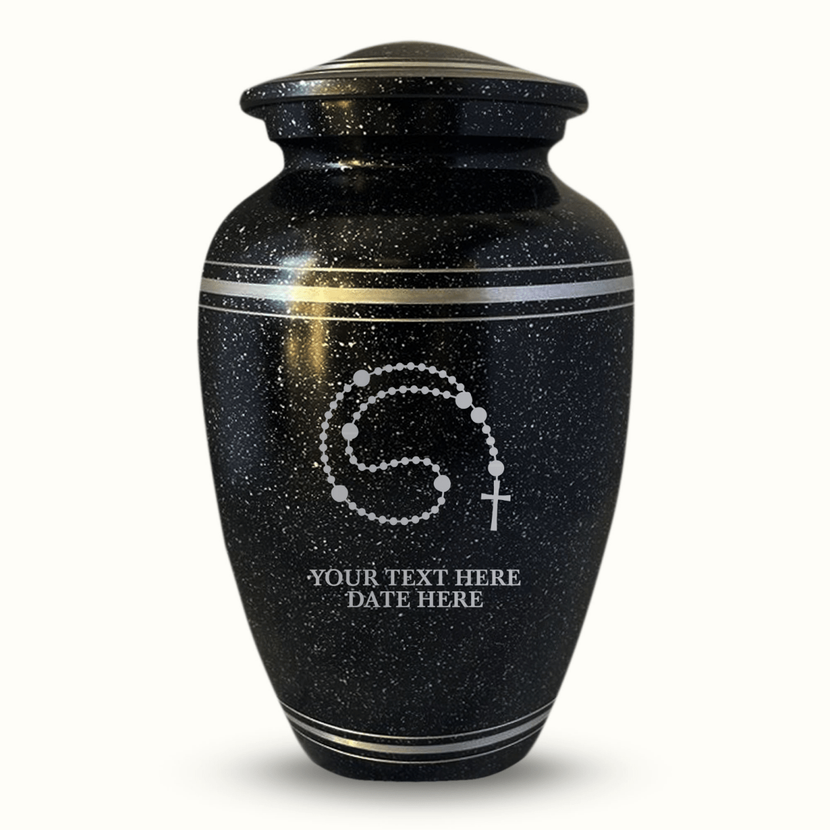 Custom Aluminum Urn - Memorial Rosary Illustration Design - Distressed Black Polished Finish with Silver Rim - 200 Cubic Inch