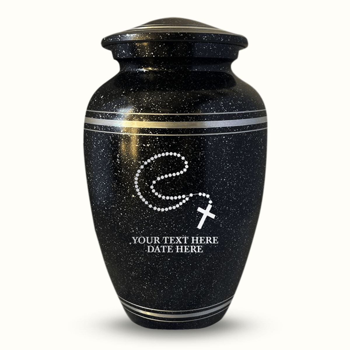 Custom Aluminum Urn - Memorial Rosary Illustration Design - Distressed Black Polished Finish with Silver Rim - 200 Cubic Inch