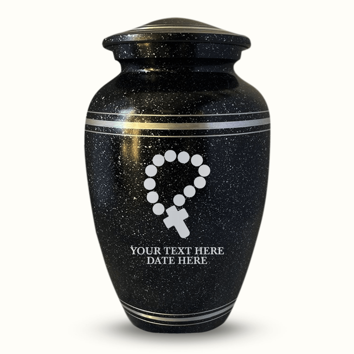 Custom Aluminum Urn - Memorial Rosary Illustration Design - Distressed Black Polished Finish with Silver Rim - 200 Cubic Inch
