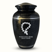 Custom Aluminum Urn - Memorial Rosary Illustration Design - Distressed Black Polished Finish with Silver Rim - 200 Cubic Inch