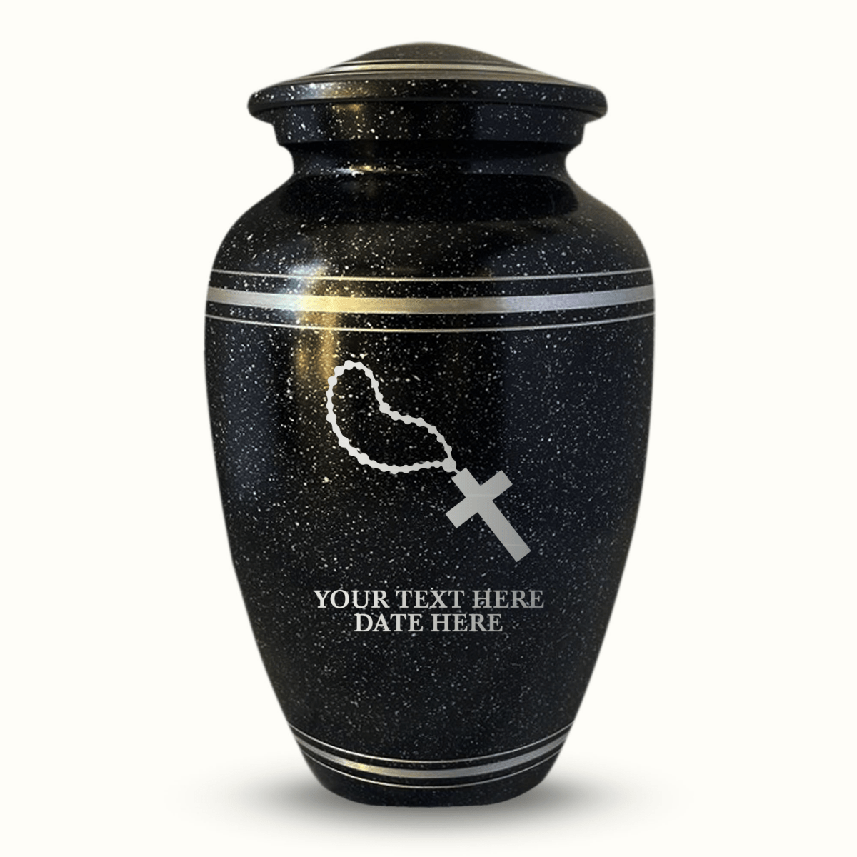 Custom Aluminum Urn - Memorial Rosary Illustration Design - Distressed Black Polished Finish with Silver Rim - 200 Cubic Inch