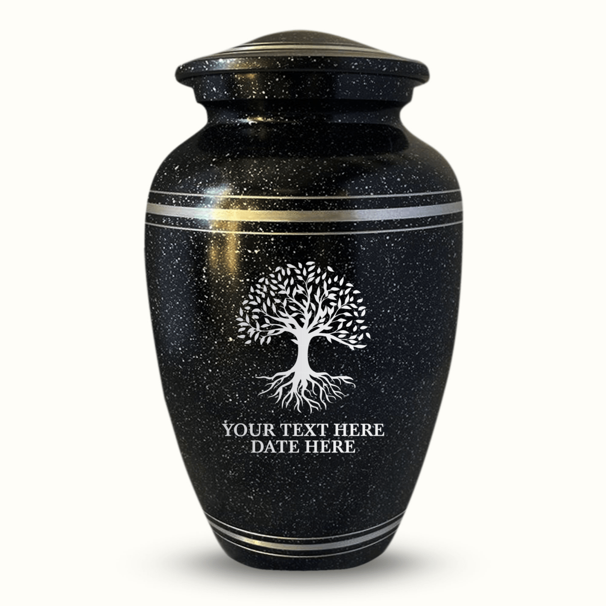 Personalized Custom Human Cremation Urn for Adult Ashes Men & Women - Engraved Aluminum urn with Name, Date and Memorial Tree of Life Design Black with Silver Rim - Inscrybed Memory