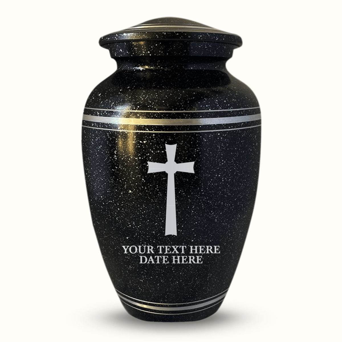 Spotted Black Aluminum with Silver Rim Human Cremation Urn – 200 Cubic Inch | Cross Design Collection 1