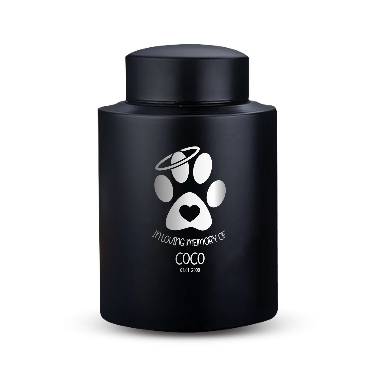 Custom Dog Round Urn - Medium Size - Stainless Steel - Black Powder Coated Finish - 50 Cubic Inch