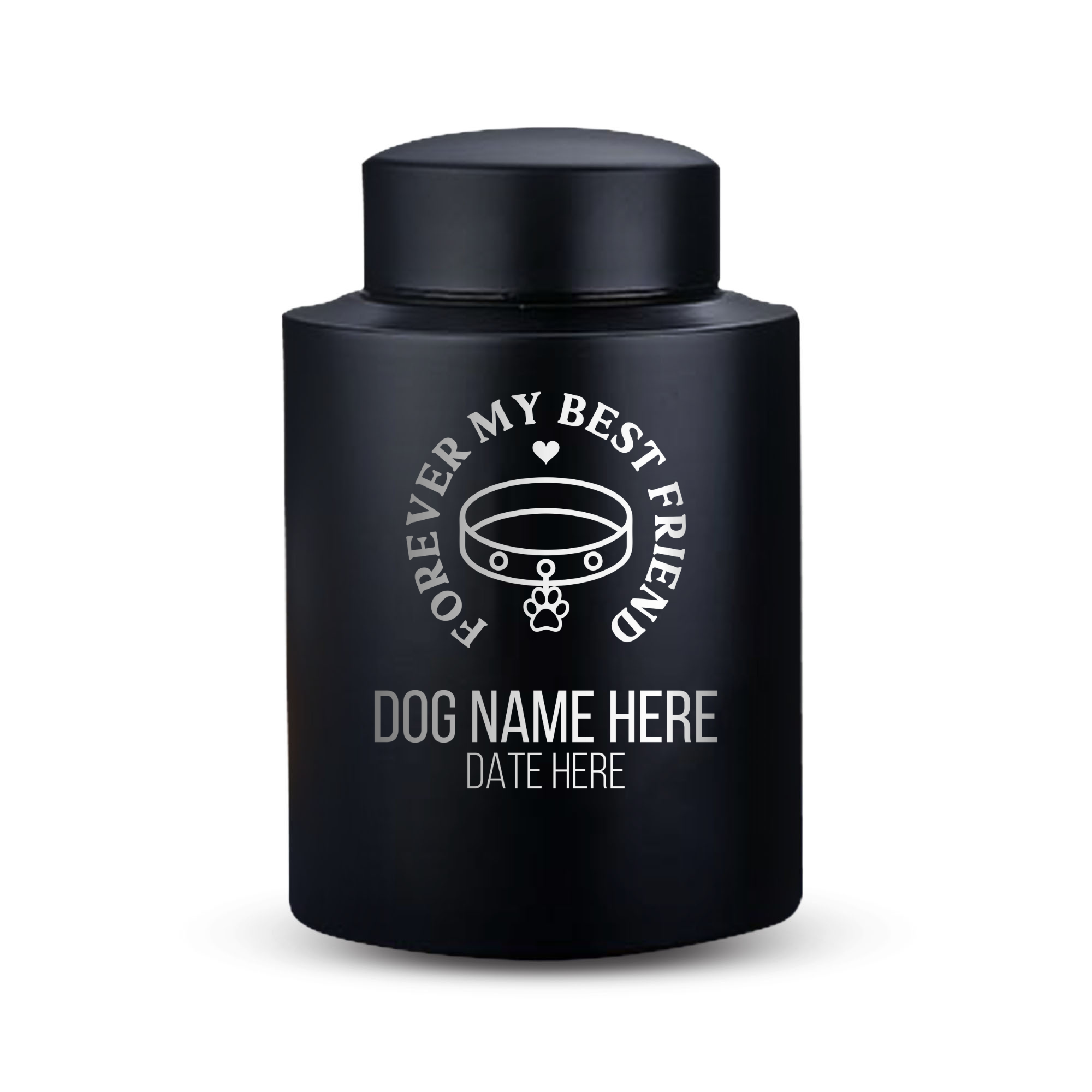 Custom Dog Round Urn - Medium Size - Stainless Steel - Black Powder Coated Finish - 50 Cubic Inch