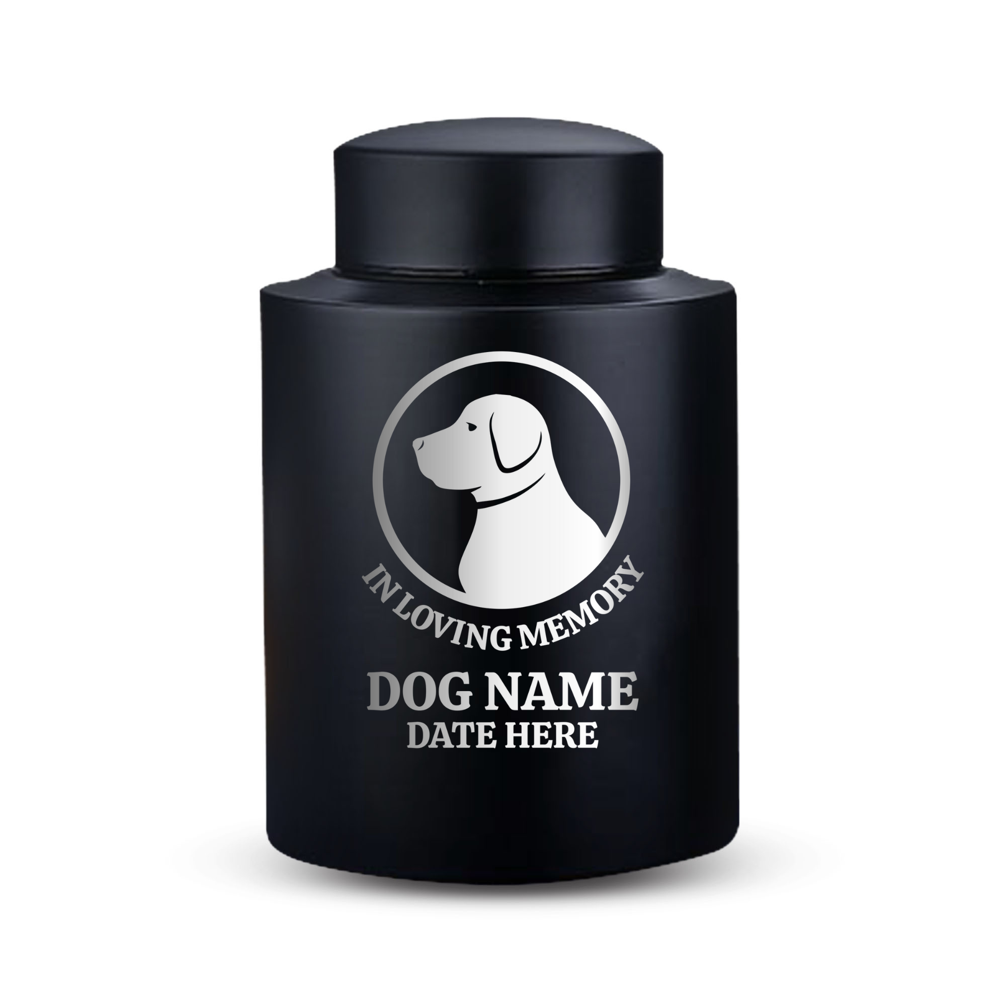 Custom Dog Round Urn - Medium Size - Stainless Steel - Black Powder Coated Finish - 50 Cubic Inch