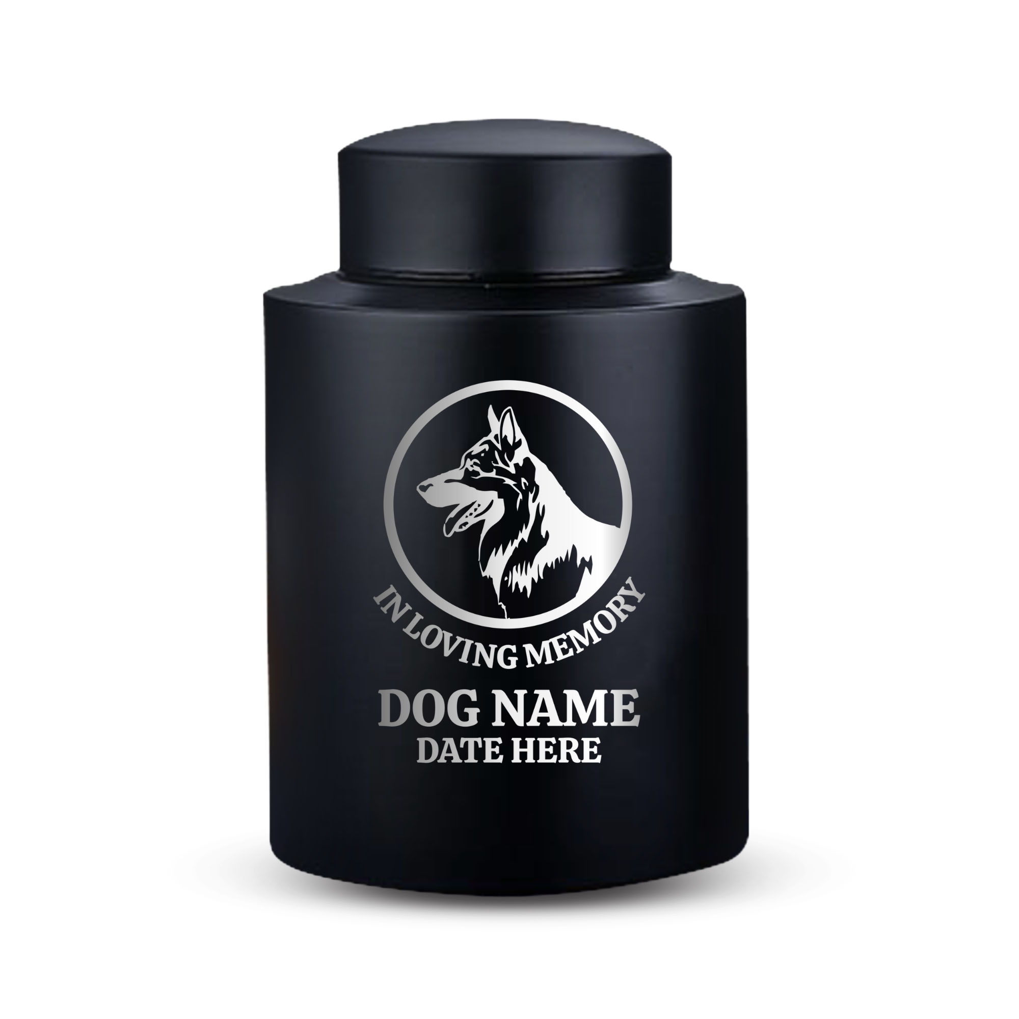 Custom Dog Round Urn - Larger Size - Stainless Steel - Black Powder Coated Finish - 115 Cubic Inch