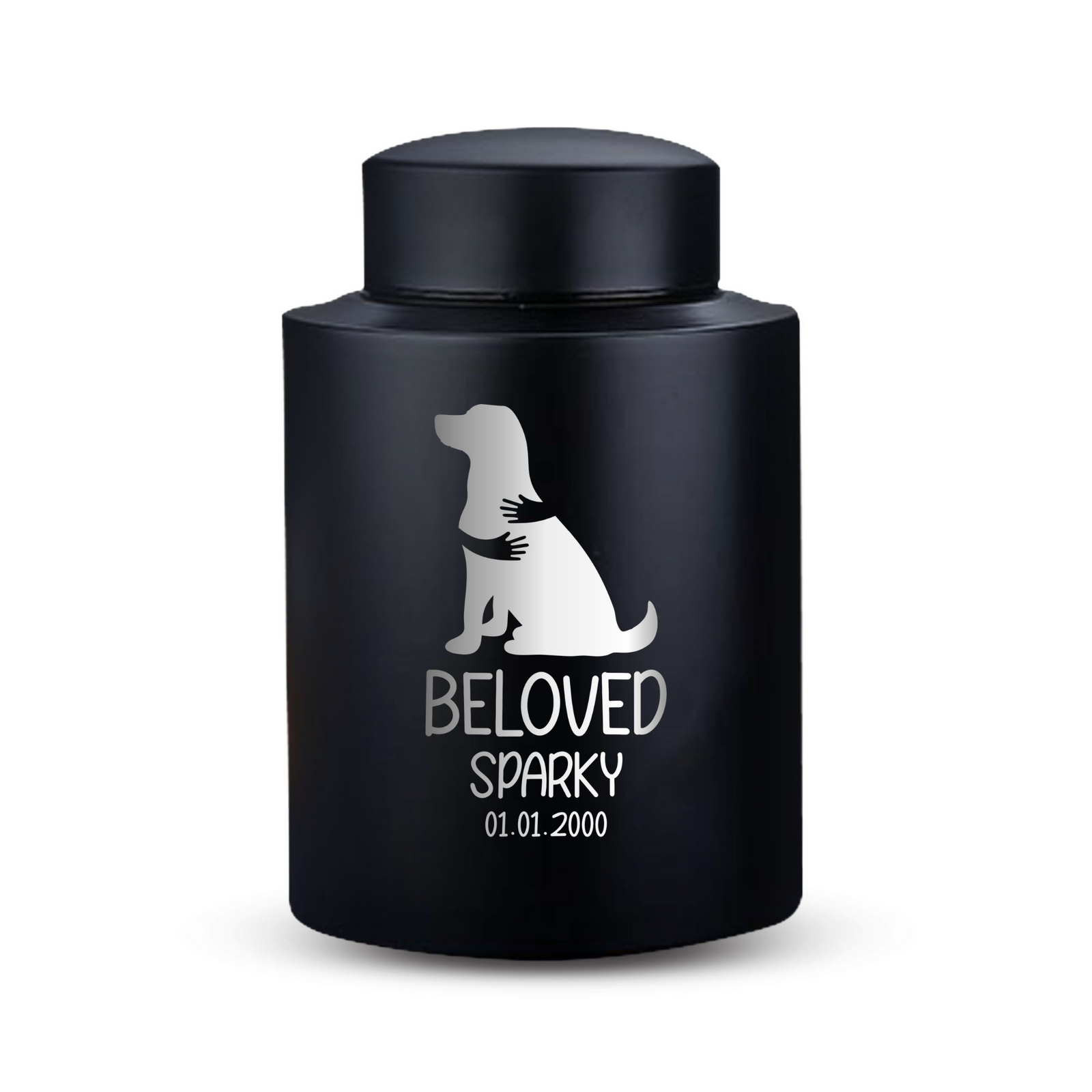 Custom Dog Round Urn - Medium Size - Stainless Steel - Black Powder Coated Finish - 50 Cubic Inch