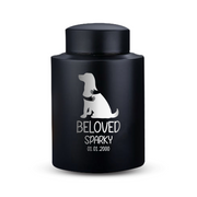 Custom Dog Round Urn - Medium Size - Stainless Steel - Black Powder Coated Finish - 50 Cubic Inch