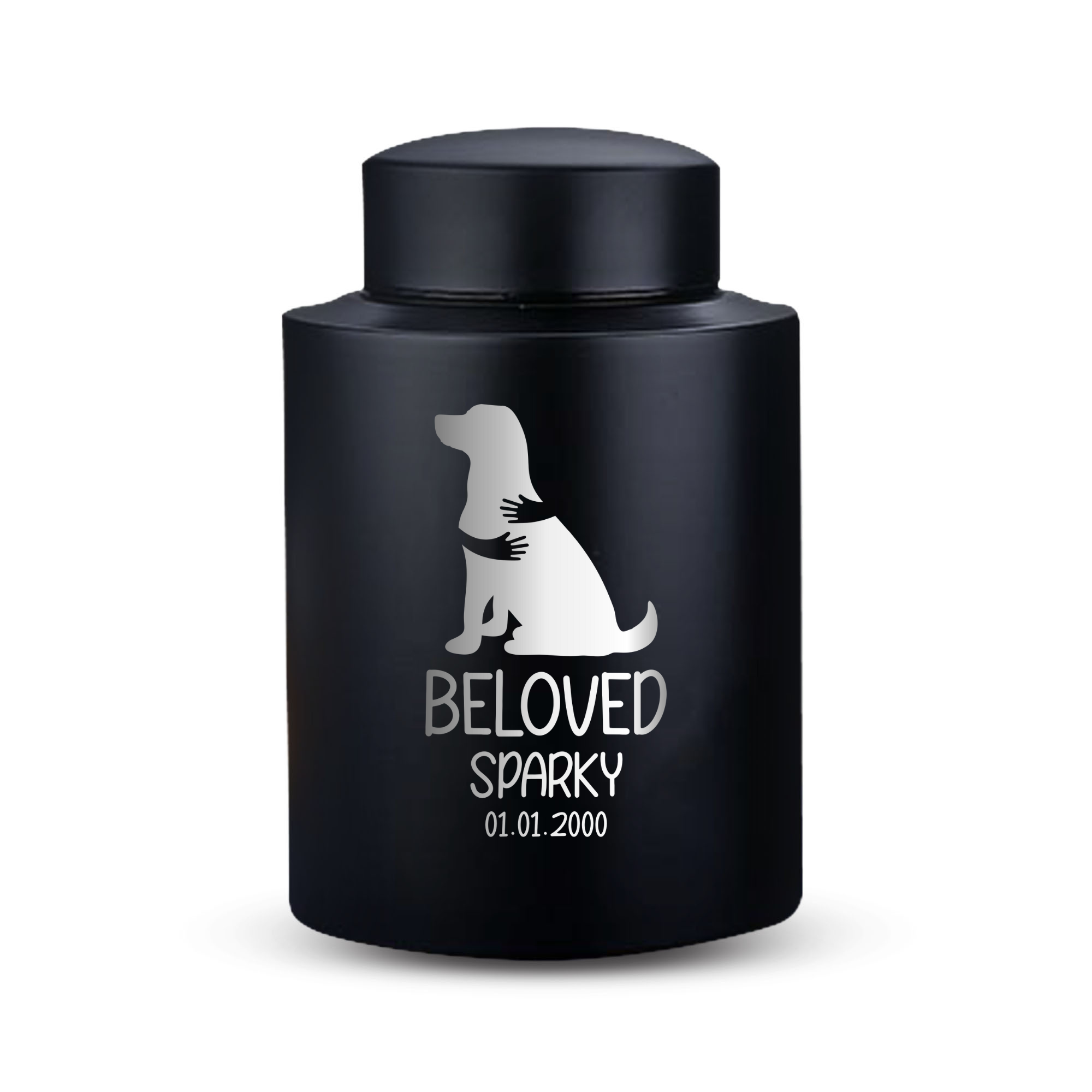 Custom Dog Round Urn - Larger Size - Stainless Steel - Black Powder Coated Finish - 115 Cubic Inch
