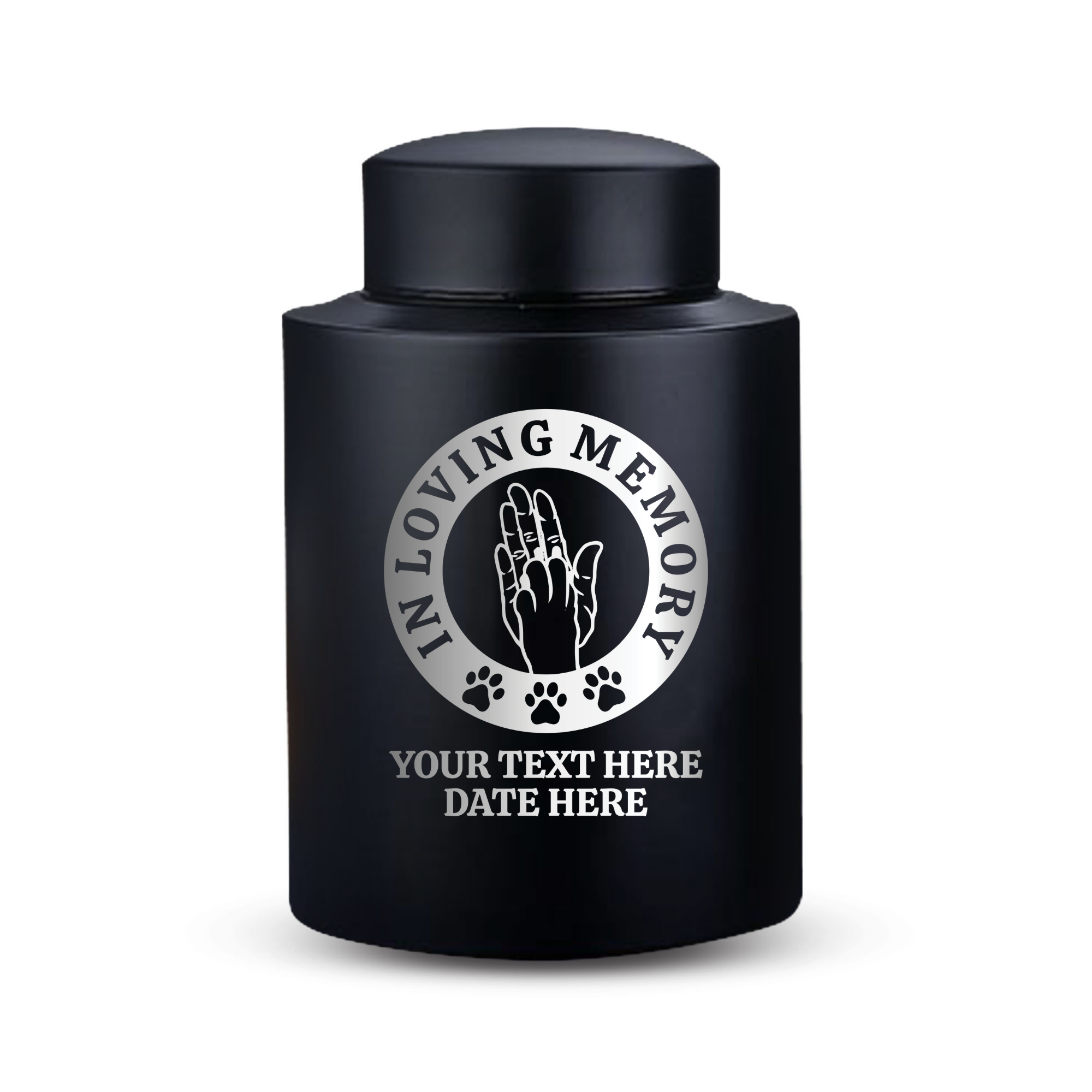 Custom Dog Round Urn - Larger Size - Stainless Steel - Black Powder Coated Finish - 115 Cubic Inch